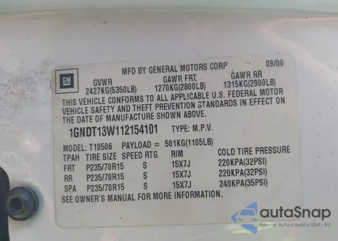 2001 Chevrolet Blazer Ls from USA, damaged, VIN 1GNDT13W112154101